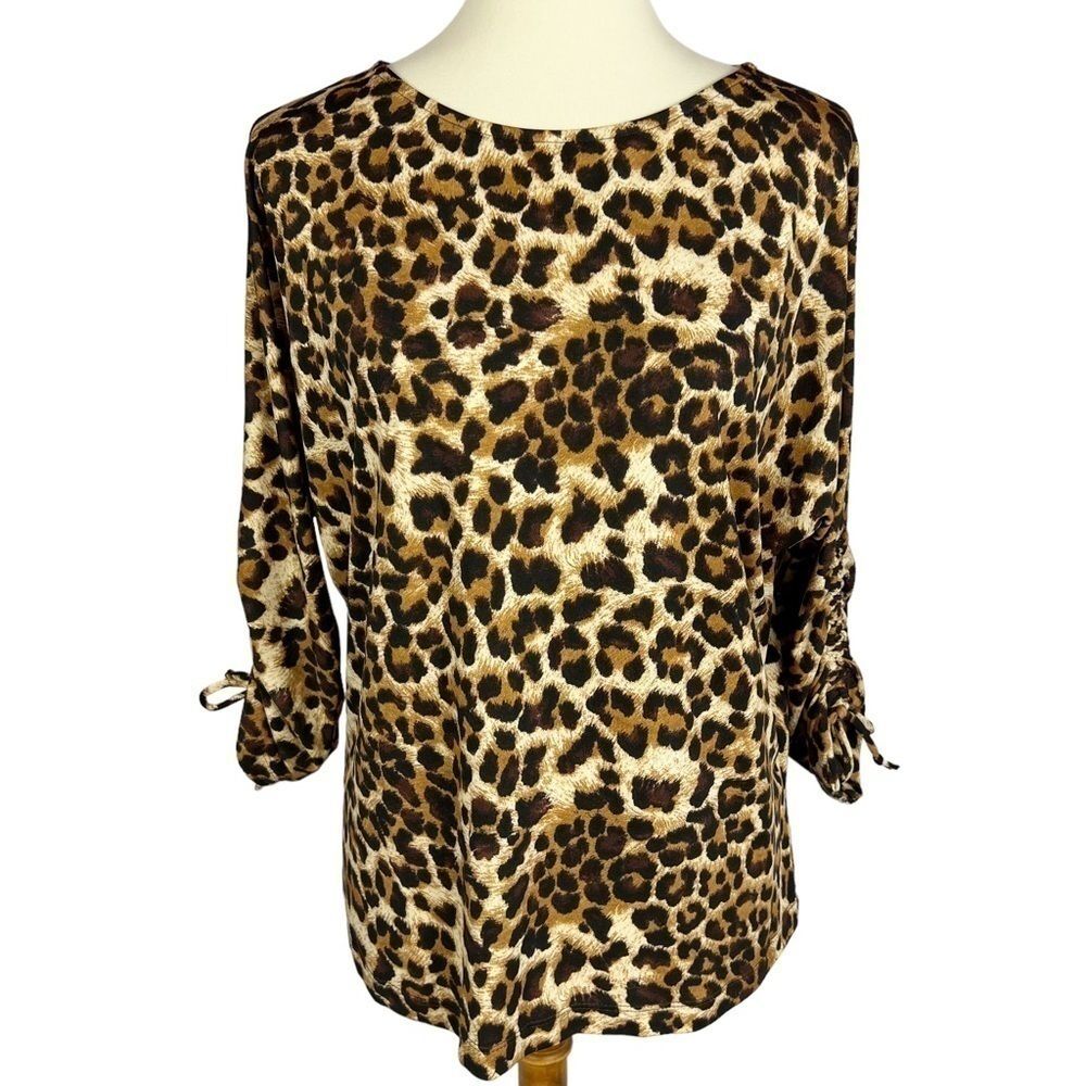 Chico’s Tan Brown Cheetah Animal Print Slit Ruched Tie 3/4 Sleeve Top Medium